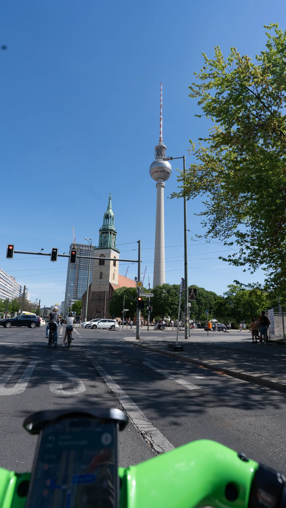 The TV Tower and St Mary’s Church seen over the handlebars of a hire bike